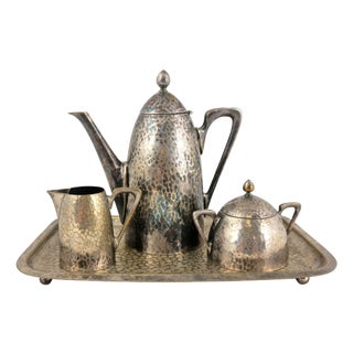 Art Deco Silvered Brass Coffee Set with Tray from Carl Deffner, 1920s, Set of 4 For Sale
