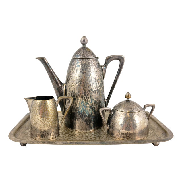 Art Deco Silvered Brass Coffee Set with Tray from Carl Deffner, 1920s, Set of 4 For Sale