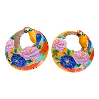 Hanging Majolica Parrot Floral Planters - a Pair For Sale