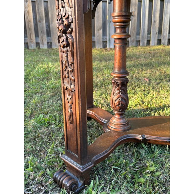 Fine Antique Early 1900s Victorian Mahogany Carved & Inlaid Marquetry Library Table For Sale - Image 15 of 18