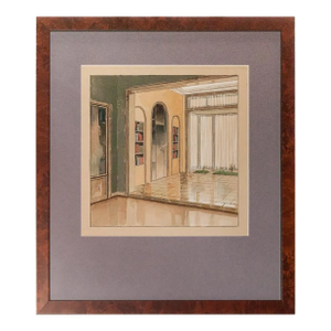 Mid 20th Century Atrium Library Watercolor, Framed