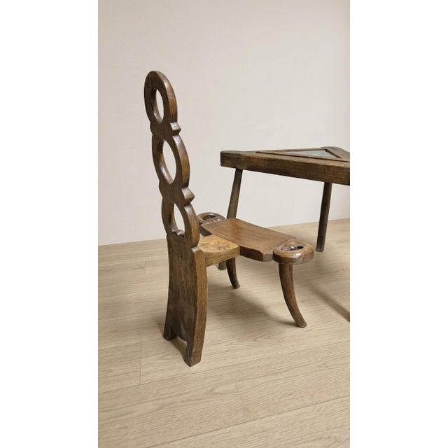 Brown Vintage Sculptural Wooden Table and Two Chairs with Hand-Carved Loop Backrests, 1940s, Set of 3 For Sale - Image 8 of 18