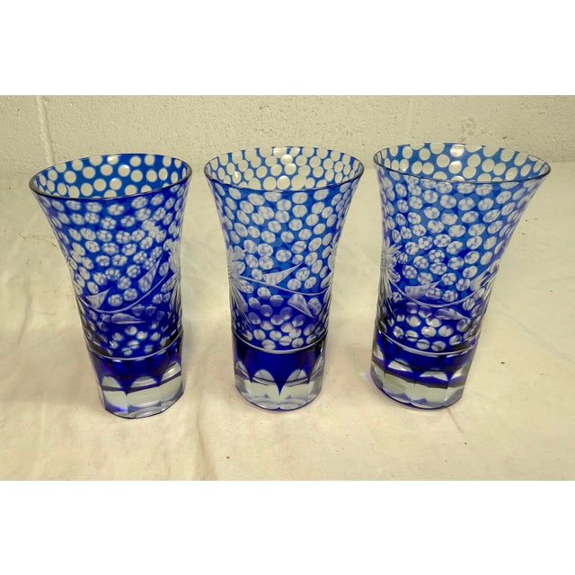 Vintage Elaborate Cut to Clear Crystal Glass Czech Cobalt Blue Shot Glasses - Set of 3 For Sale - Image 4 of 11