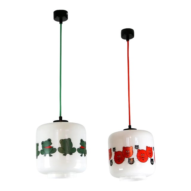 Glass Frogs and Cats Childrens Pendant Lamps, 1980s, Set of 2 For Sale