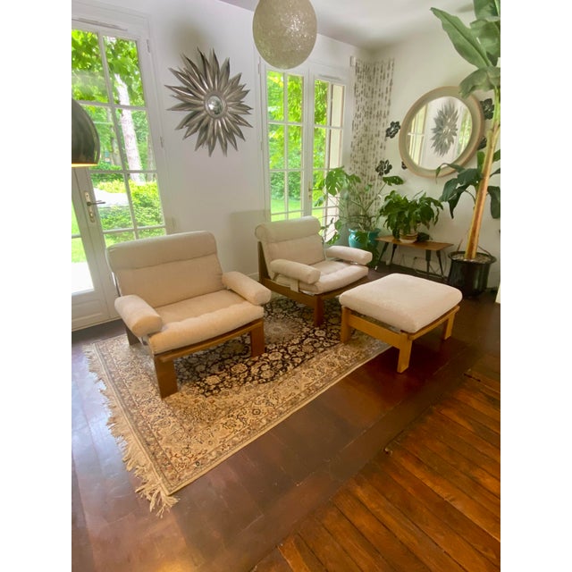 The seats and backrests have been fully restored and reupholstered in an elegant, slightly heathered cream fabric with...