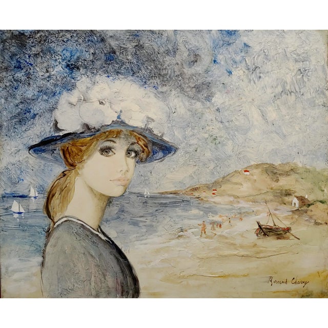 Bernard Charoy -Portrait of a Sweet Young Girl in a South of France Beach-Oil painting French post impressionist Oil...