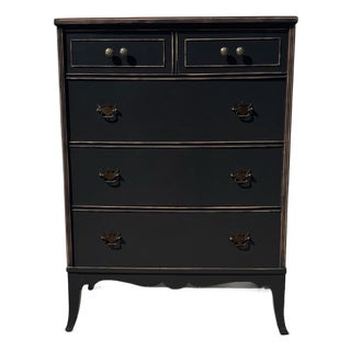 Vintage Queen Anne Style Black Chest of Drawers, Refinished Tall Dresser With Brass Hardware For Sale