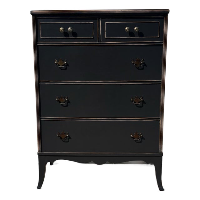 Vintage Queen Anne Style Black Chest of Drawers, Refinished Tall Dresser With Brass Hardware For Sale