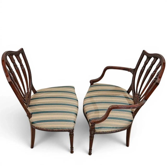 This set of 12 English Mahogany Hepplewhite Style Carved Back Dining Chairs is a truly antique and authentically handmade...
