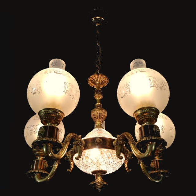 Vintage Empire Victorian French 5-Arm Brass Lion Head Chandelier with Etched Globes and Crystal Glass, 1950s For Sale - Image 14 of 17