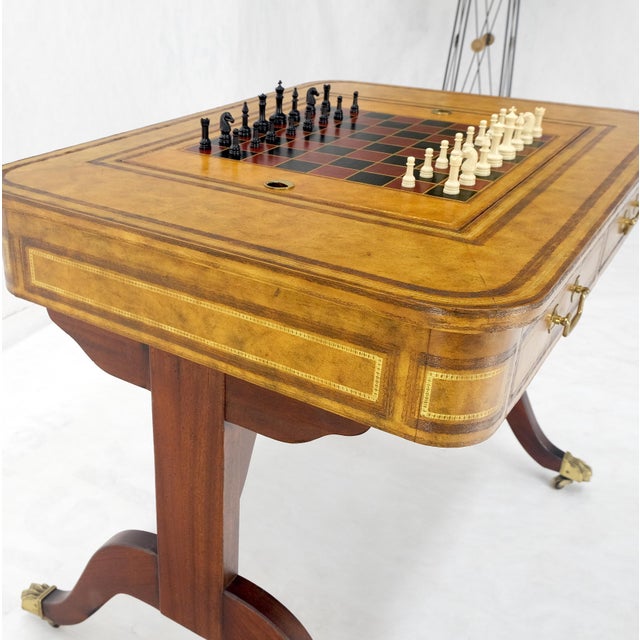 Flit Top Chess Board Backgammon Tooled Leather Top Two Drawers Game Table For Sale - Image 12 of 12