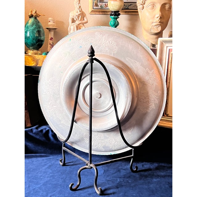 Metal Large Art Deco Faux Malachite Painted Decorative Vintage Plate Charger on Stand For Sale - Image 7 of 10