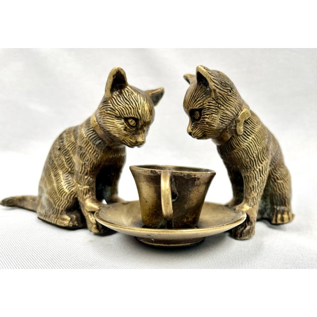 Mid 20th Century Vintage Bronze Cats With Cup Sculpture For Sale - Image 10 of 12