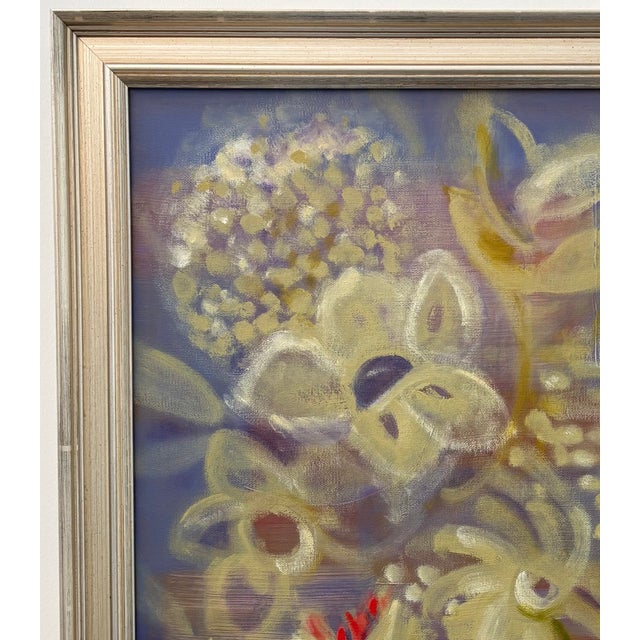 This is a beautiful impressionist floral still life in moody hues of blues, purples, greens, rose, and natural colors with...