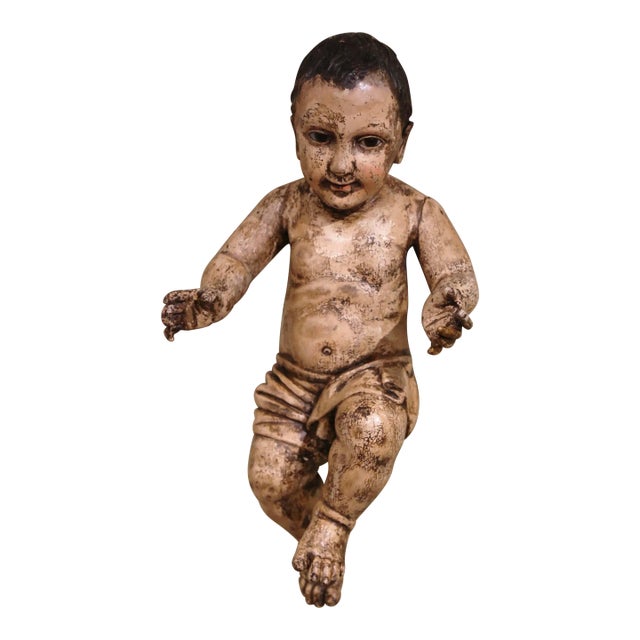 18th Century Italian Carved Polychrome Baby Jesus Figure With Glass Eyes For Sale