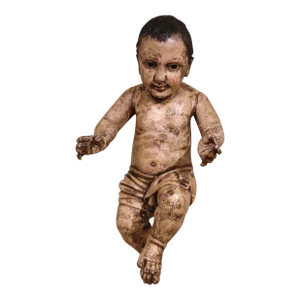 18th Century Italian Carved Polychrome Baby Jesus Figure With Glass Eyes