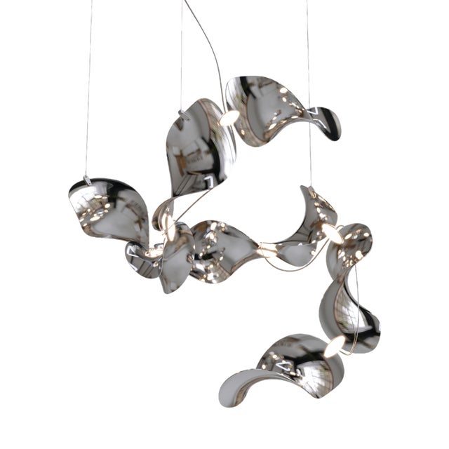 Dune 8 Spiral Chandelier with Silver Hand Polished Shades by Daniel Becker for Moss Objects For Sale