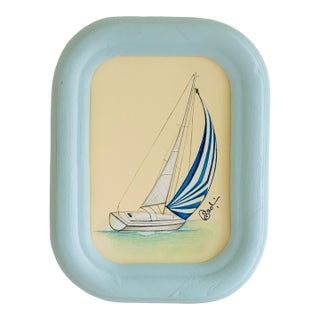Original Hand-Painted Sailboat in a Hand-Painted Blue Frame For Sale