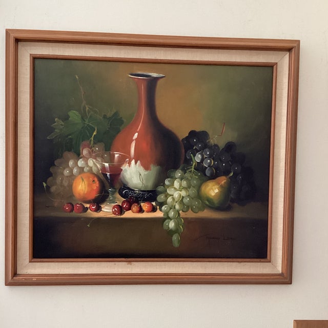 Realistic Painting on Canvas Still Life Fruit and Pottery Composition by Frank Lean Framed Circa 1960s For Sale - Image 11 of 12
