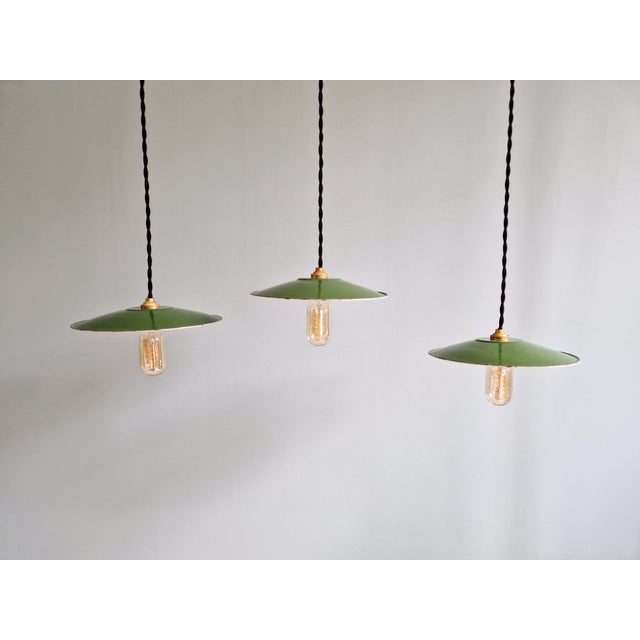Industrial Pendant Lights in Green Enameled Sheet Metal, 1940s, Set of 3 For Sale - Image 9 of 16