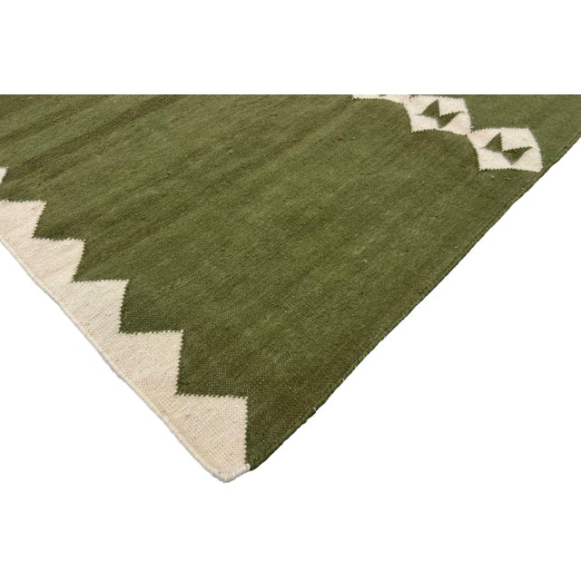 Handmade New Zealand Wool Dhurrie Runner, Olive Green and Cream Diamond Runner Rug- 4'x10' For Sale - Image 10 of 13