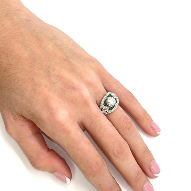 Early 21st Century 18k White Gold Antique Semi-Mount Ring Cz Center, Green Stone Accents & Filigree, Size 5.5 For Sale - Image 5 of 5