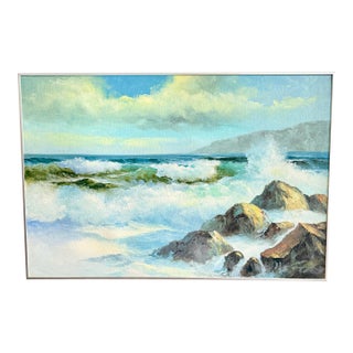Large Vintage Framed Seascape Painting California Ocean Coastal Art 2’x3’ Signed For Sale