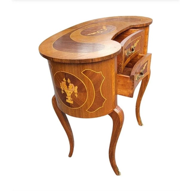 Brown 1940s Two-Drawer Continental Marquetry Mahogany Kidney Dressing Table For Sale - Image 8 of 11