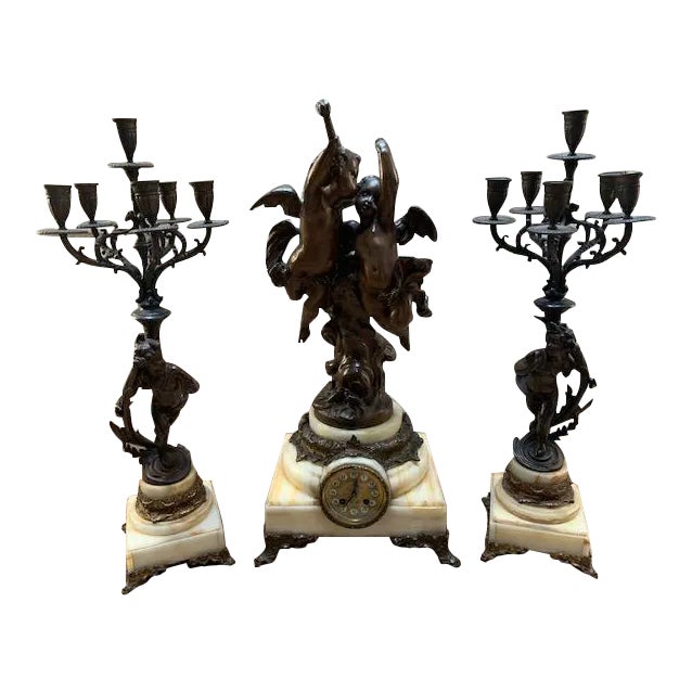 Signed Antique French Bronze Garniture Clock Set by Albert-Ernest Carrier-Belleuse For Sale