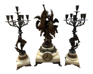 Signed Antique French Bronze Garniture Clock Set by Albert-Ernest Carrier-Belleuse