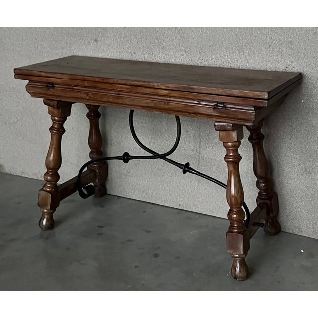 1950s 20th Century Spanish Console Fold Out Farm Table With Iron Stretcher For Sale - Image 5 of 11