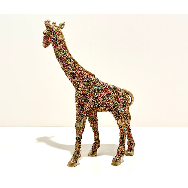 Traditional Jay Strongwater Goodwin Mille Fiori Giraffe Figurine Limited Edition 115/350 Swarovski Crystal Enamel 14k Gold Finish Pewter Luxury Collectible Decor For Sale - Image 3 of 8