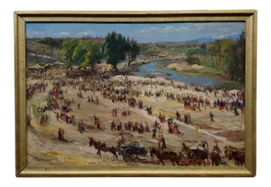 Kurt Seyde -Outdoor Crowd on the Way to the Madrid Festival -C.1915 Oil Painting