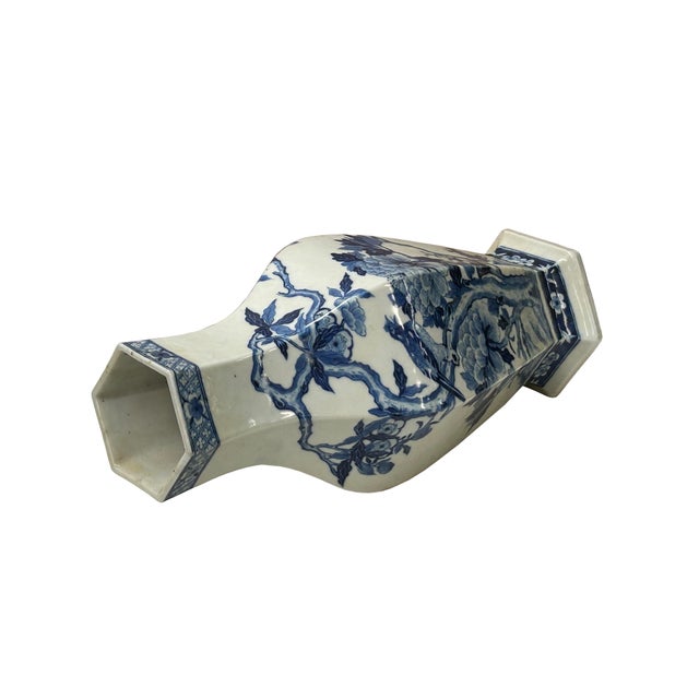 Chinese Vintage Chinese Blue White Hexagonal Flower Bird Porcelain Vase For Sale - Image 3 of 15