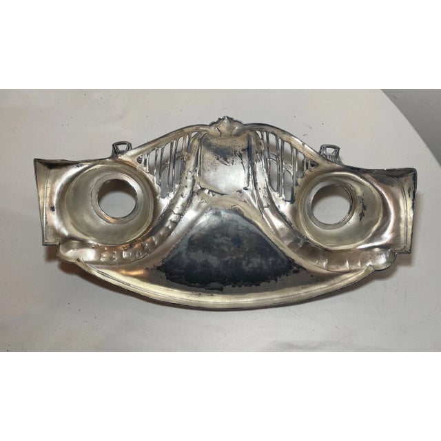 Antique Ornate 1800's Art Nouveau Thick Gilt Brass Desk Pen Inkwell Tray Bronze For Sale - Image 9 of 12