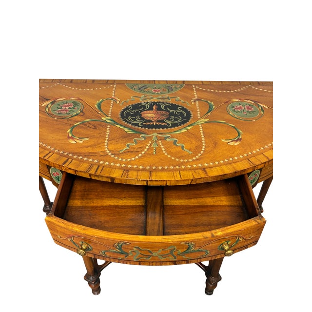 Wood Late 20th Century Neoclassical Adam Style Paint-Decorated Demilune Console Table With Drawers For Sale - Image 7 of 11