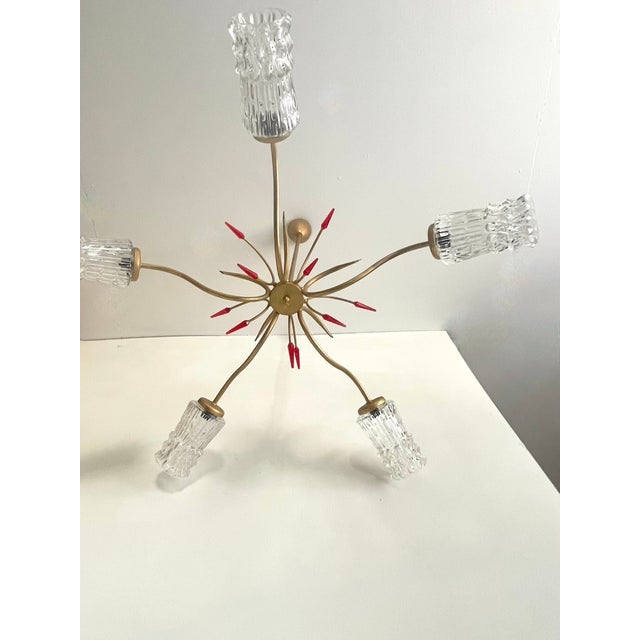 Mid-Century Modern French Atomic Chandelier with Red Acrylic Glass Accents and Textured Glass Shades, 1960s For Sale - Image 13 of 13