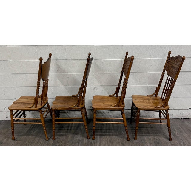 Antique Oak Pressed Back Barley Twist Dining Chairs - Full Set of 4 For Sale - Image 9 of 10