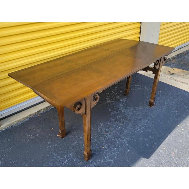Drexel Heritage Ming Style Carved Walnut Draw Leaf Altar Console Tables by Drexel, Pair For Sale - Image 4 of 8