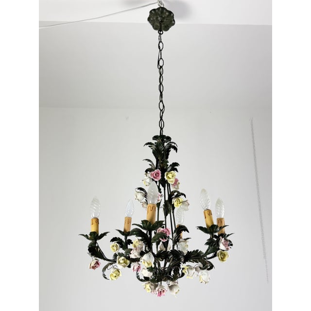 Ceramic Florentine Six-Light Chandelier in Wrought Iron and Porcelain, 1970s For Sale - Image 7 of 11