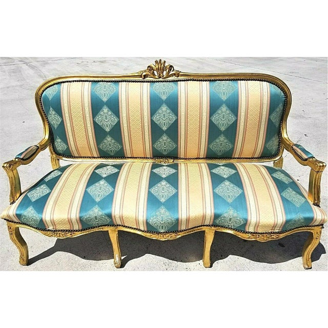 Wood Vintage French Louis XV Style Gold Leaf Gilt Open Arm Sofa For Sale - Image 7 of 7
