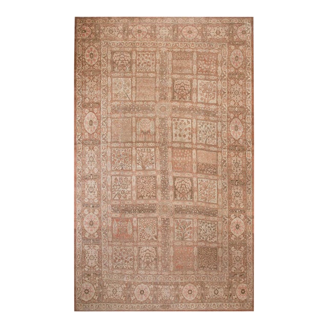 1890s Tan Camel Garden Antique Persian Tabriz Rug 11' X 17'9" Handknotted Wool Carpet For Sale