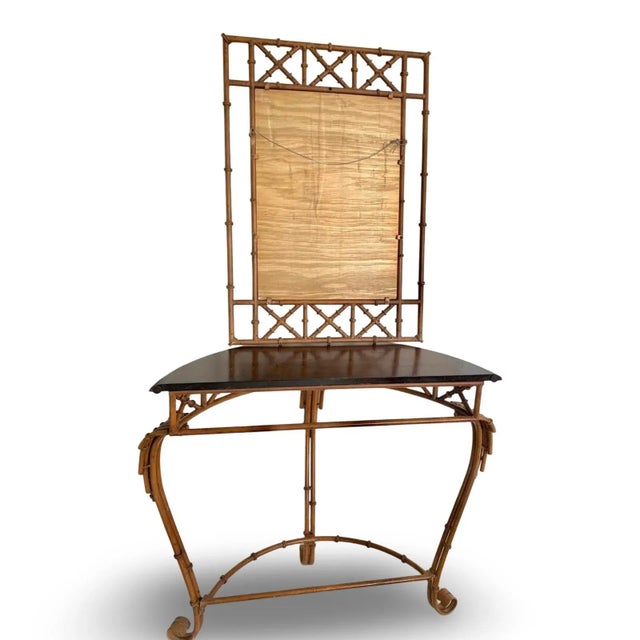 Vintage Burnt Faux Tortoise Bamboo Console Table With Wall Mirror – Palm Beach Chinoiserie Style, Set of 2 Pieces For Sale - Image 9 of 11