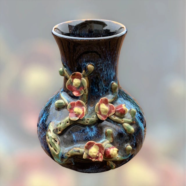 Vintage Blue Drip & Floral Chinese Pottery Vase For Sale - Image 10 of 12