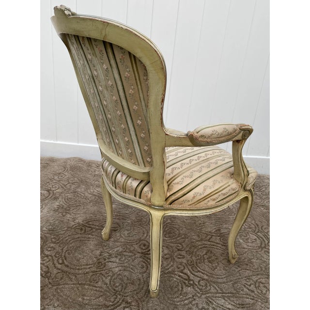 Painted Wood Arm Chair Vintage Venetian Style Carved Cream Green Floral Stripe For Sale - Image 11 of 13