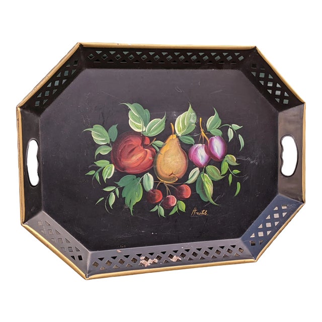 Vintage Hand Painted Black Tole Metal Tray For Sale