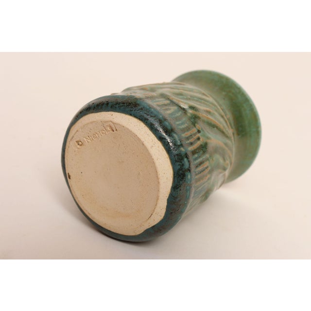 1990s Petite Vintage Green Glaze Studio Ceramic Sgraffito Bud Vase by Deanna Nichols For Sale - Image 5 of 11