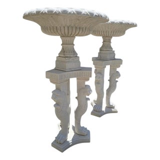 Large Greco-Roman Marble Kraters on Tripod Pedestals with Lion Paw, 1970, Set of 2 For Sale