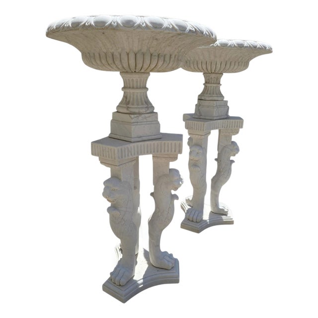 Large Greco-Roman Marble Kraters on Tripod Pedestals with Lion Paw, 1970, Set of 2 For Sale