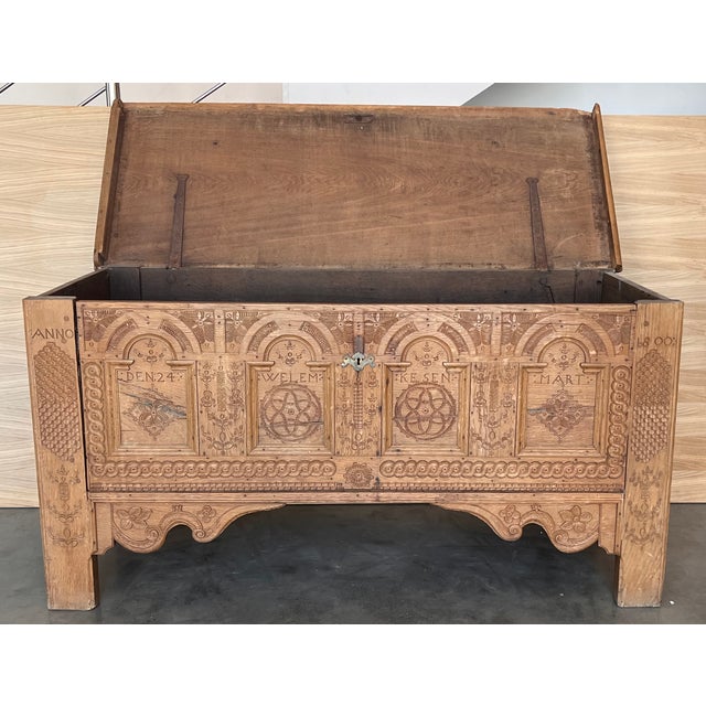 Brown Early 19th Belgian Bleached Oak Trunk With Original Iron Hardware For Sale - Image 8 of 12